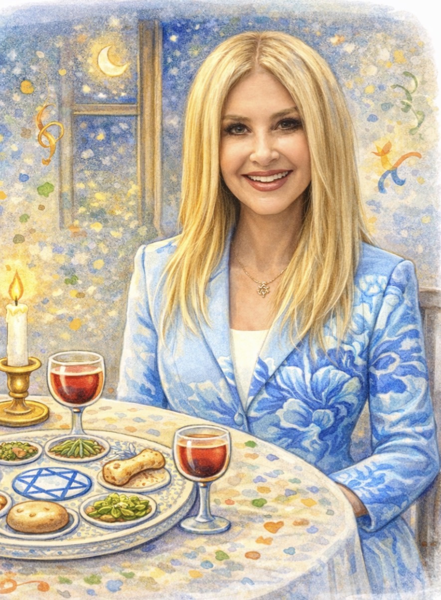 Watercolor portrait of author Michelle Conwisar at a Passover table
