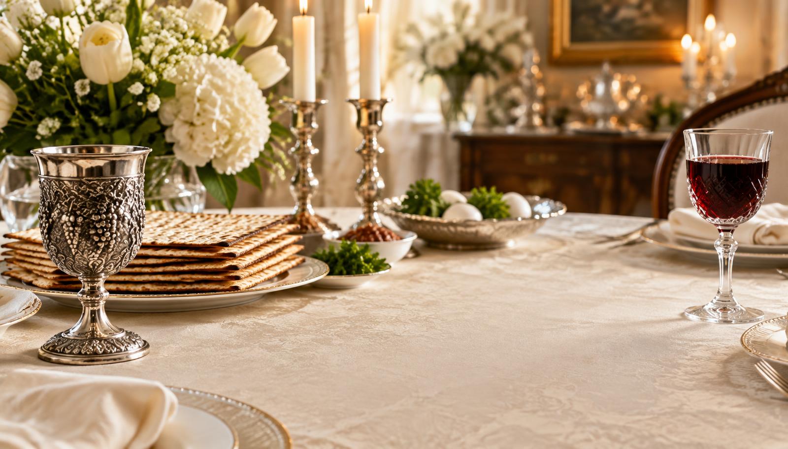 Elegant Passover table with silver kiddush cup, matzah, candles and wine