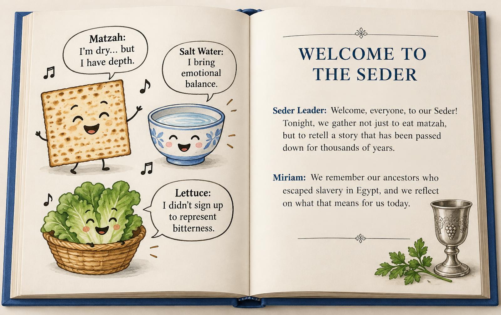 Open Haggadah showing Matzah, Salt Water and Lettuce characters and the Welcome to the Seder page